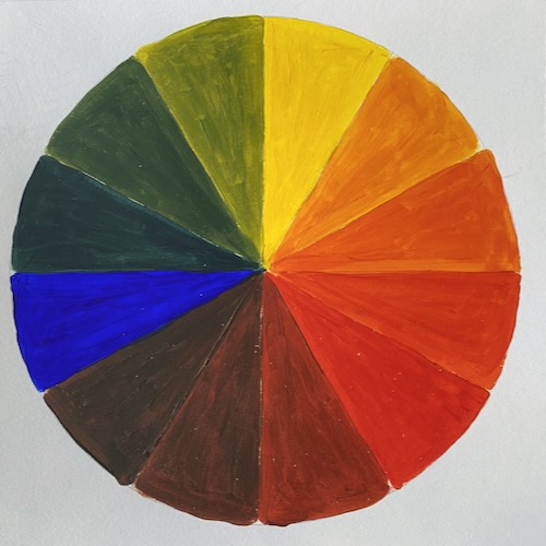 Farbkreis mit Acrylfarben: Kadmiumgelb, Kadmiumrot, Ultramarinblau
