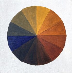 Farbkreis mit Ölfarben und den altmeisterlichen Pigmenten Lichter Ocker, Gebrannte Siena und Indigo
